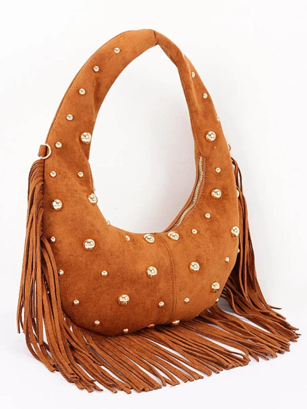 Trendy Metal Studded Fringe Hobo Bag